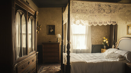 Fototapeta premium Elegant bedroom featuring a four-poster bed with a lace canopy and vintage furniture in a serene setting