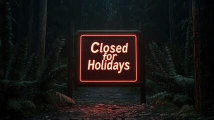 for holidays concept. Closed sign illuminated in a forest setting during holidays.