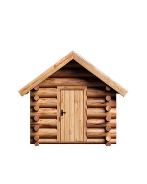 Wooden log cabin with a door and sloped roof on transparent background