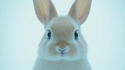 Obraz premium Close-up of a pastel cream colored baby rabbit, facing forward with large, expressive eyes and soft ears..
