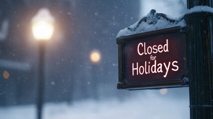 for holidays concept. Closed sign in snowy winter setting indicating holiday hours.