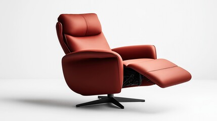 Fototapeta premium Modern red leather recliner chair with extended footrest on a white background, featuring a swivel base and comfortable cushioning for relaxation and contemporary interior design.