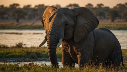Fototapeta premium African Elephants playing by the Chobe River in Botswana.