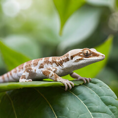 Fototapeta premium Selective focus of a common house gecko on a leaf against a blurred a background