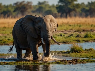 Obraz premium African elephants playing in Chobe National Park, Botswana