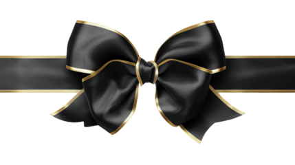 black ribbon and bow with gold isolated against transparent background png	