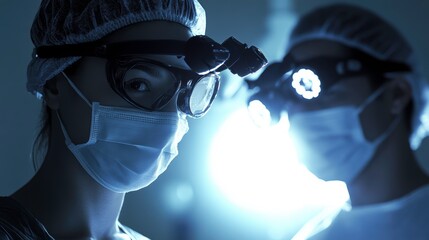 Medical professionals wearing protective gear, face masks, and headlamps in a clinical setting, focused on patient care and safety in a modern healthcare environment