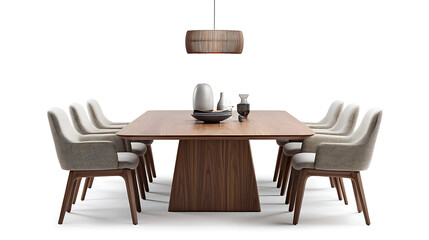 A large wooden dining table with a vase on it and a lamp above it