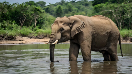 Fototapeta premium a majestic Indian elephant in a lush forest near a watering hole in the heart of India. aI