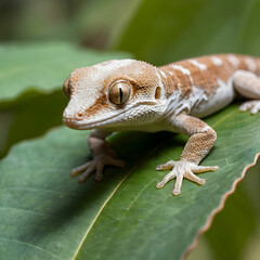 Fototapeta premium Selective focus of a common house gecko on a leaf against a blurred a background