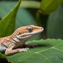Obraz premium Selective focus of a common house gecko on a leaf against a blurred a background
