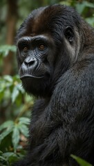 African silverback gorilla in rainforest.