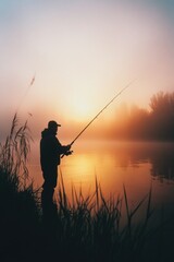 A person enjoying fishing in a serene lake during sunset