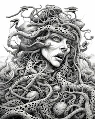 An intricate and eerie black-and-white illustration of a woman entangled in a mass of tentacles and serpents with a horrified expression, perfect for use in horror, fantasy art