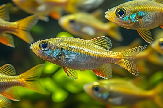School of vibrant neon blue eye rainbowfish swimming in a lushly planted freshwater aquarium.