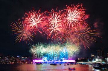 Landscape of firework vijit chao phraya 2024 A Dazzling Spectacle Illuminating Bangkok&rsquo;s Iconic Riverfront at Memorial Bridge (Phra Phuttha Yodfa)