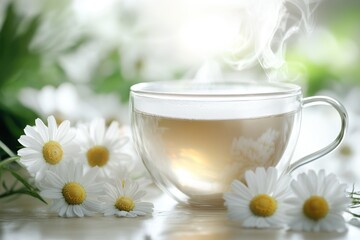 A cup of tea accompanied by fresh daisies on a table, perfect for a cozy moment