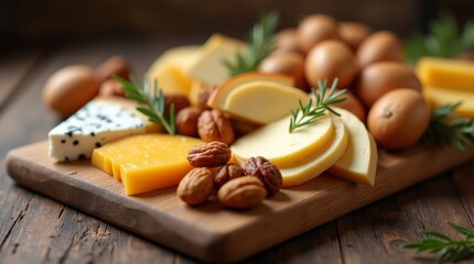 Artisan cheese and nuts platter with assorted varieties and garnishes
