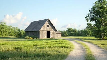 Obraz premium Sunlit Countryside Retreat: Photorealistic Barn and Farmhouse in Lush Green Setting