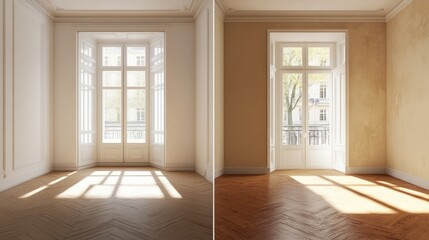 Obraz premium A Comparison of Two Empty Rooms with White and Beige Walls and a View of a Tree through French Doors