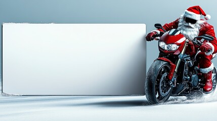 Santa riding a motorcycle with a blank billboard perfect for a Christmas ad campaign