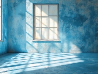 Sunbeams streaming through a window in a blue room.