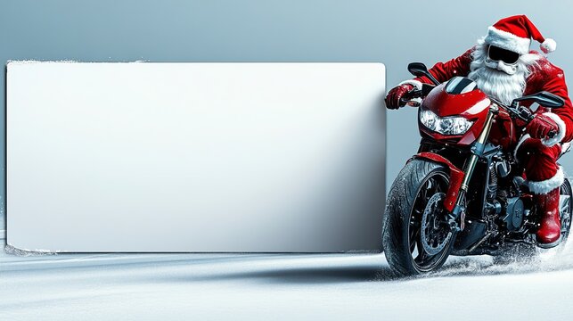 Santa riding a motorcycle with a blank billboard perfect for a Christmas ad campaign