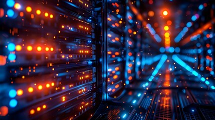 A computer server room with a blue and orange glow