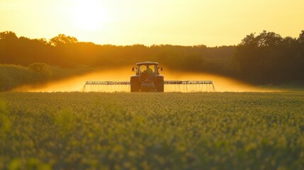 Tractor spraying crops at sunset over a vast agricultural field in summer