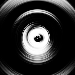 Black and white radial motion effect. Abstract rounded background. Grayscale curves and sphere.