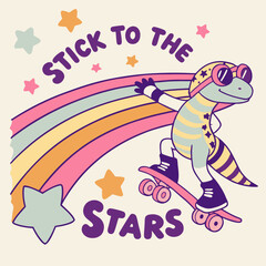 illustration of a child, a dinosaur with a stick stick to the stars and the word stick to the stars