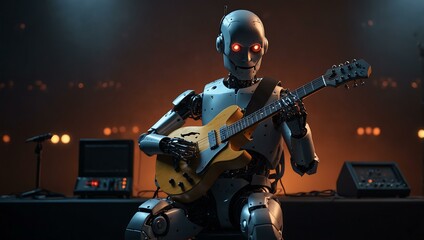 Fototapeta premium AI robot musician playing guitar on stage.