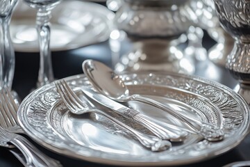 This image showcases a beautifully arranged silver cutlery set.