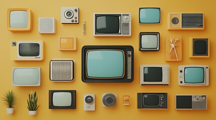 A collection of vintage televisions arranged on a vibrant yellow wall.