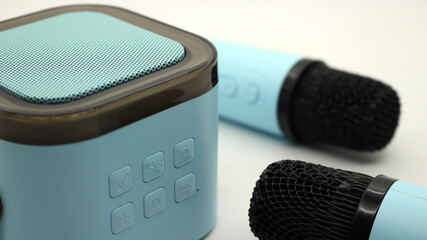 Blue wireless bluetooth microphone and speaker