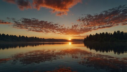 AI-generated sunrise over a lake.