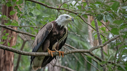 Obraz premium Whitebellied Sea Eagle Perched on Branch in Foliage