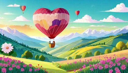 Fototapeta premium Clear sky, beautiful valley, floating heart-shaped balloon. serene landscape, majestic mountains, blooming colorful flowers. people enjoy peaceful ride over lush. Valentines day, Cupid, Romantic, Love