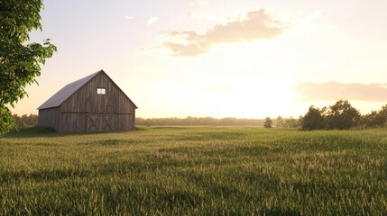 Obraz premium Photorealistic Sunset Scenery of Old Barn with Hayloft Window and Long Shadows over Grassy Field. Ultra-Detailed Rural Landscape Painting.