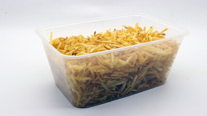 Mustofa potatoes are a traditional Indonesian food. Potatoes are thinly sliced, fried with spicy seasoning.