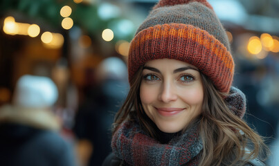 Close-up of a young woman. Warm scarf and knit hat in earthy tones. Soft lights in the background. Festive outdoor atmosphere. Natural smile. Winter attire. Cheerful and serene expression