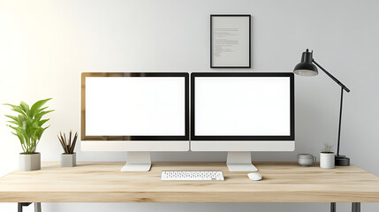 Minimalist home office workspace with two blank computer screens, keyboard, mouse, and plant.