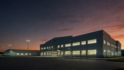 Fototapeta premium Aircraft manufacturing facility exterior at dusk, showcasing industrial precision.