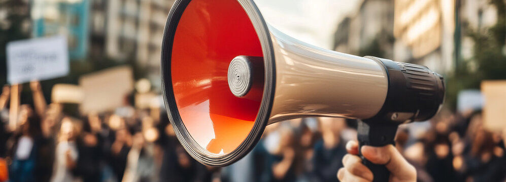 closup,person holding a megaphone in a crowd demonstrating