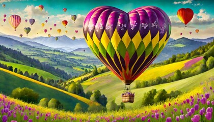 Fototapeta premium Multicolored heart-shaped hot air balloon floats over lush lavender fields in picturesque valley. mountains in background. sky dotted with several balloons.. Valentines day, Cupid, Romantic, Love