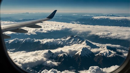 Obraz premium Airplane window view of snow-capped peaks above the clouds.