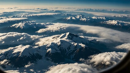 Airplane window view of snow-capped peaks above the clouds.