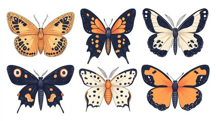 A beautifully illustrated collection of six butterflies showcasing vibrant colors and unique patterns, perfect for nature enthusiasts and art lovers.