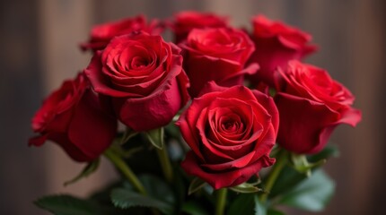 Beautiful bouquet of red roses elegantly arranged in a glass vase