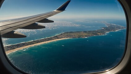 Airplane window view over the coastline.